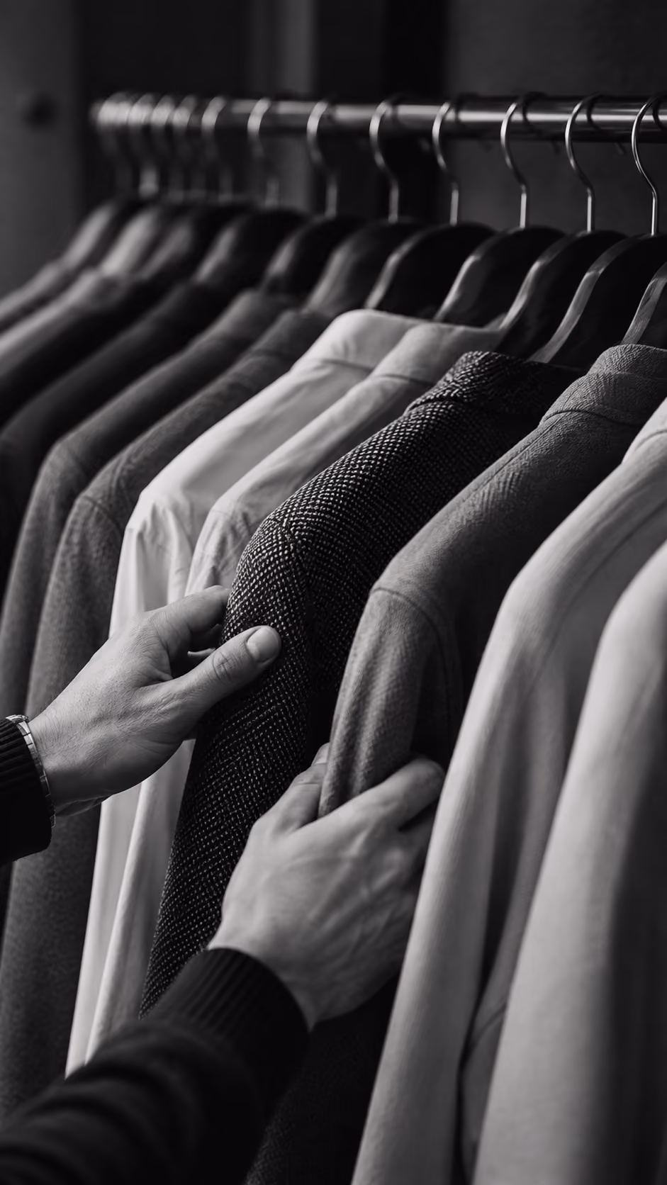 Black and white photo of a person wearing a watch browsing a row of jackets and coats hanging on hangers in a clothing store or closet.